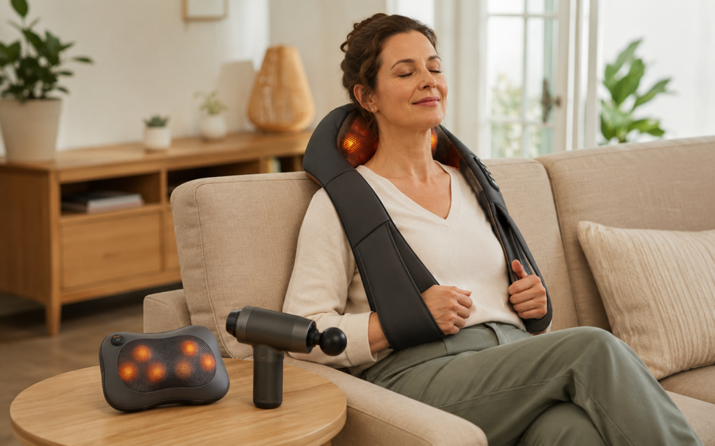 Woman comparing neck massagers for neck pain relief