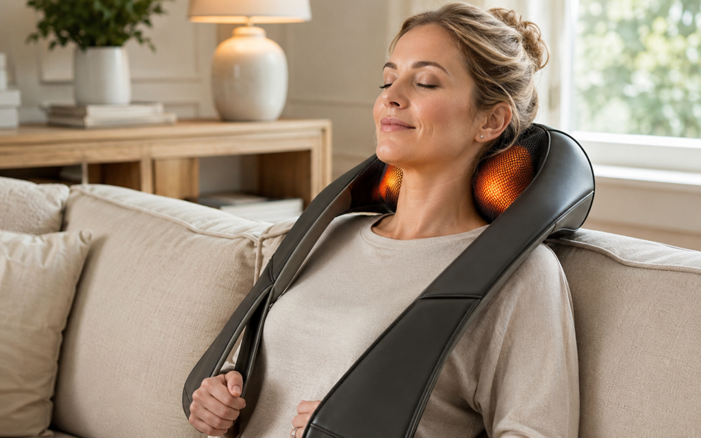 Woman using a shiatsu neck and shoulder massager at home