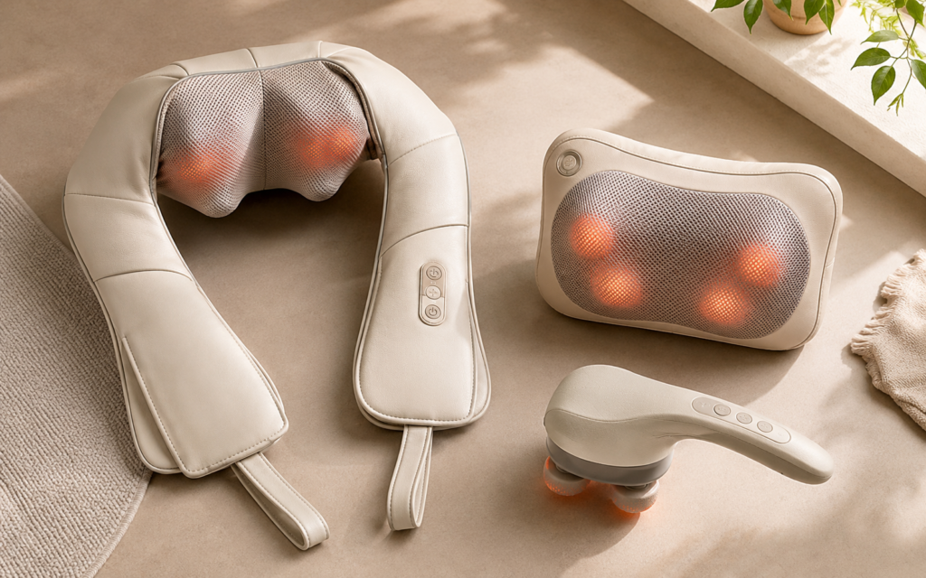 Different shiatsu massager designs for the neck, shoulders and back