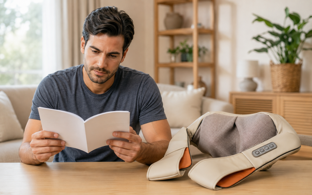 User checking safety instructions before using a shiatsu massager