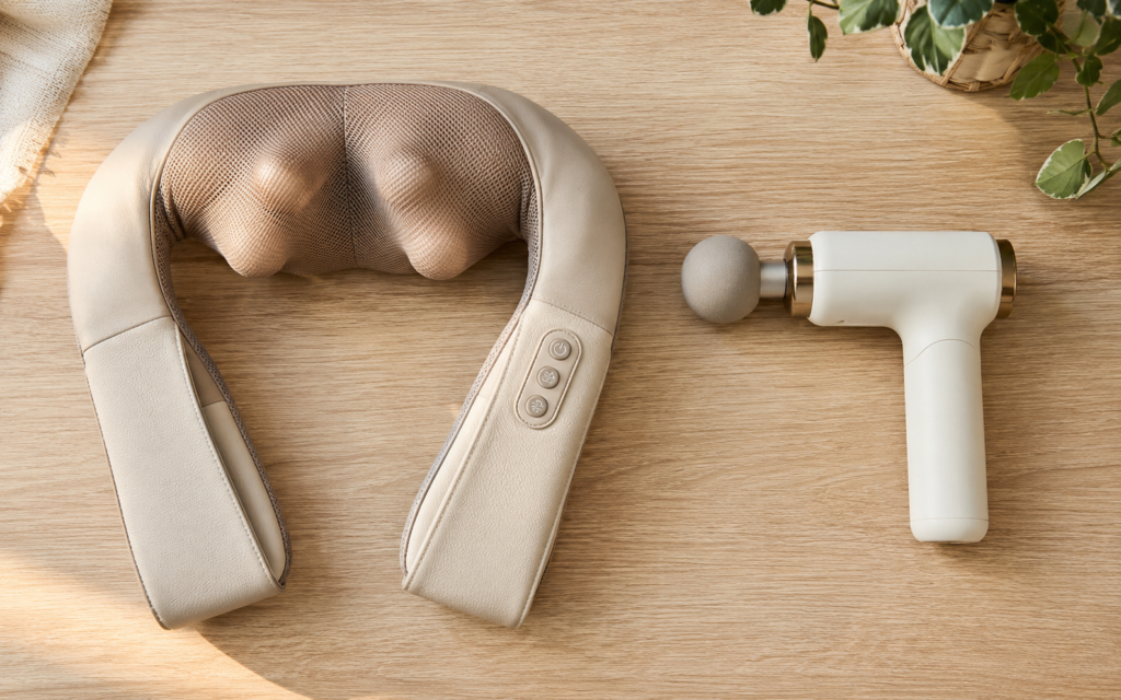 Shiatsu neck massager compared with a percussion massage gun