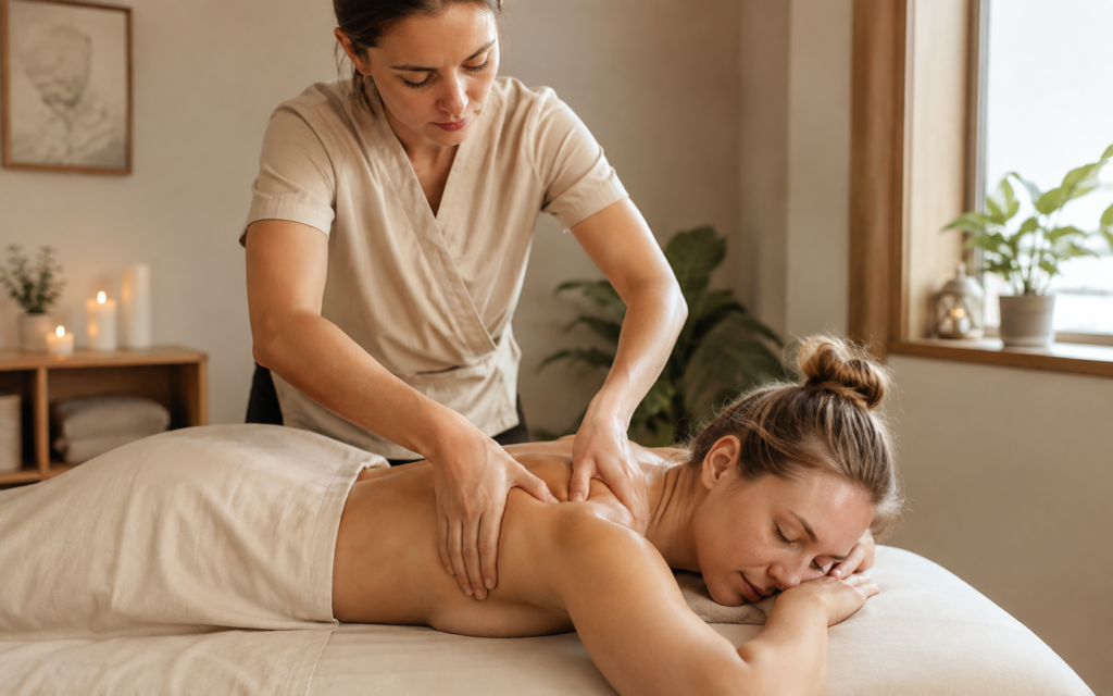 Therapist applying traditional shiatsu pressure to the upper back