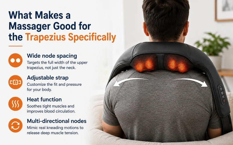What makes a good trapezius massager: wide node spacing, adjustable strap, heat, and multi-directional nodes