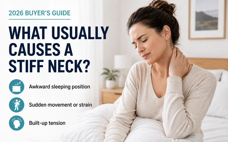 Common causes of a stiff neck including awkward sleeping position, sudden movement or strain, and built-up tension