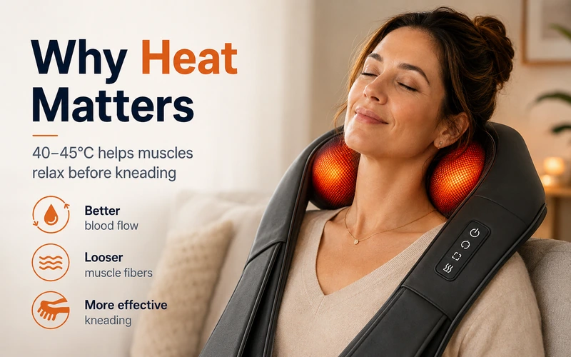 Why heat matters in a neck and shoulder massager, including 40 to 45 degrees Celsius, better blood flow, looser muscle fibers, and more effective kneading