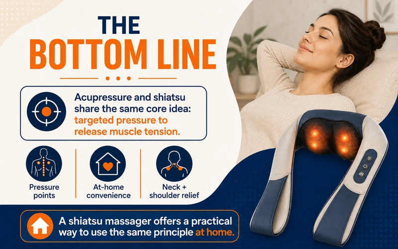 How acupressure relates to shiatsu, showing finger pressure and rotating shiatsu nodes targeting tension