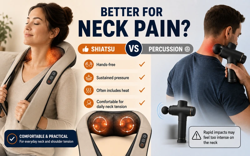 Side by side comparison of shiatsu massager and percussion massager by motion, sensation, best use, heat, hands free use, and body area