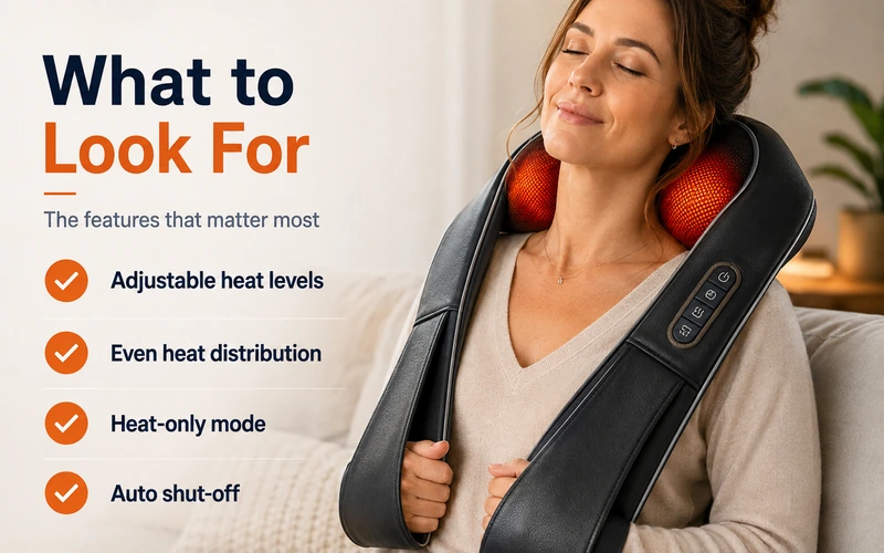 What to look for in a heated neck and shoulder massager including adjustable heat levels, even heat distribution, heat-only mode, and auto shut-off