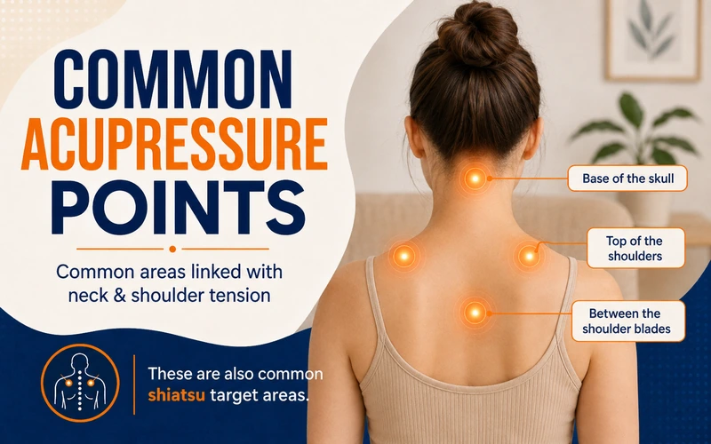 Common acupressure points for neck and shoulder pain, including the base of the skull, top of the shoulders, and between the shoulder blades