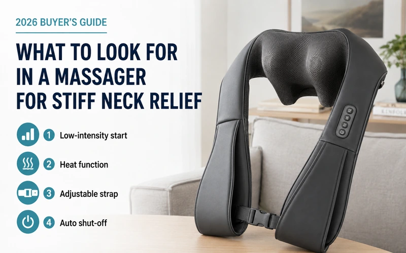 What to look for in a massager for stiff neck relief including low-intensity start, heat function, adjustable strap, and auto shut-off