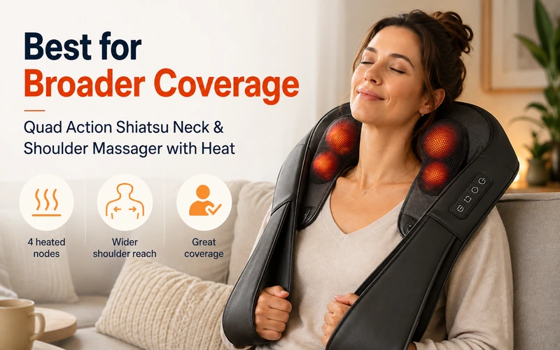 Quad Action Shiatsu Neck and Shoulder Massager with Heat with four heated nodes and wider shoulder coverage