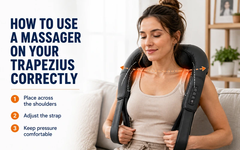 How to position a trapezius massager across the top of the shoulders for comfortable coverage