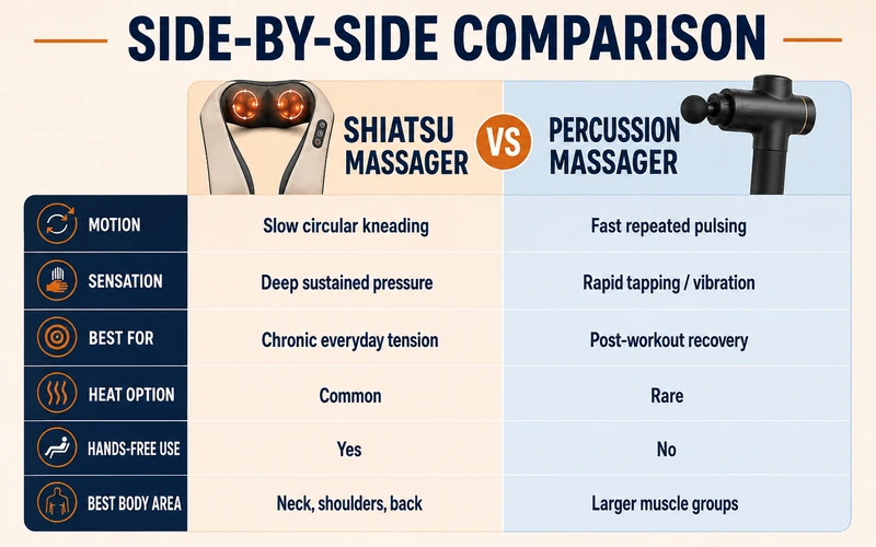 Percussion massager is best for post workout muscle recovery, rapid pulsing, and larger muscle groups