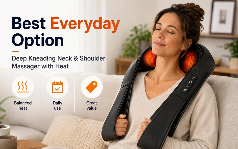 Deep Kneading Neck and Shoulder Massager with Heat as a balanced heated massager for daily use and great value