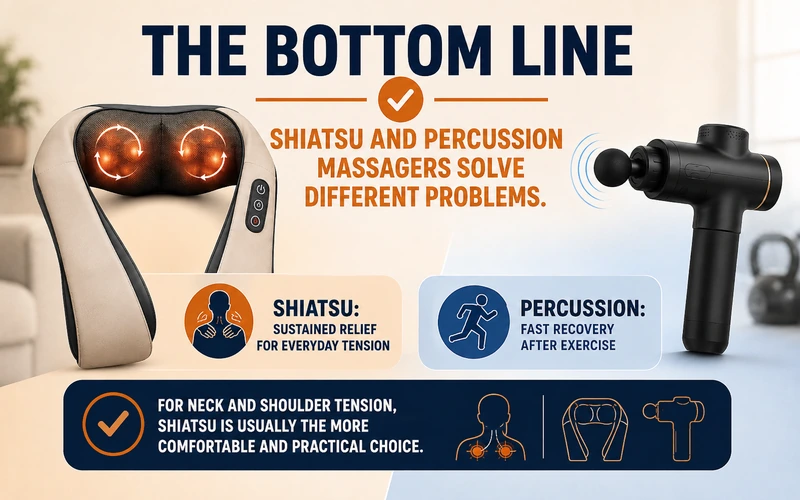 Using both shiatsu and percussion massagers for different situations: daily neck and shoulder maintenance versus post workout recovery