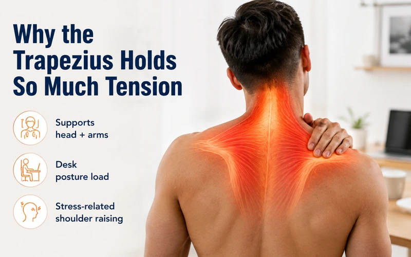 Trapezius muscle illustration showing how posture, head support, arm support, and stress can contribute to tension