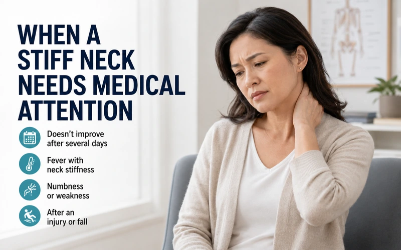 Signs a stiff neck needs medical attention such as not improving after several days, fever, numbness or weakness, or after an injury or fall