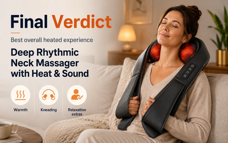 Final verdict for the best heated neck and shoulder massager highlighting Deep Rhythmic Neck Massager with Heat and Sound