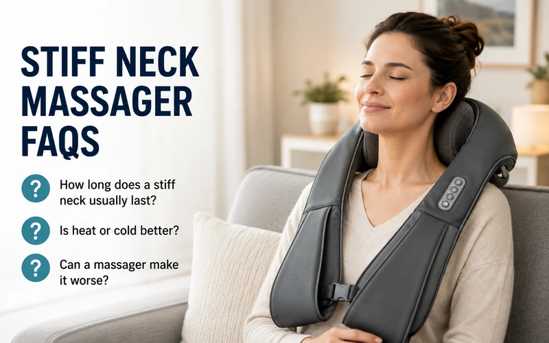 Frequently asked questions about how long a stiff neck lasts, whether heat or cold is better, and whether a massager can make it worse