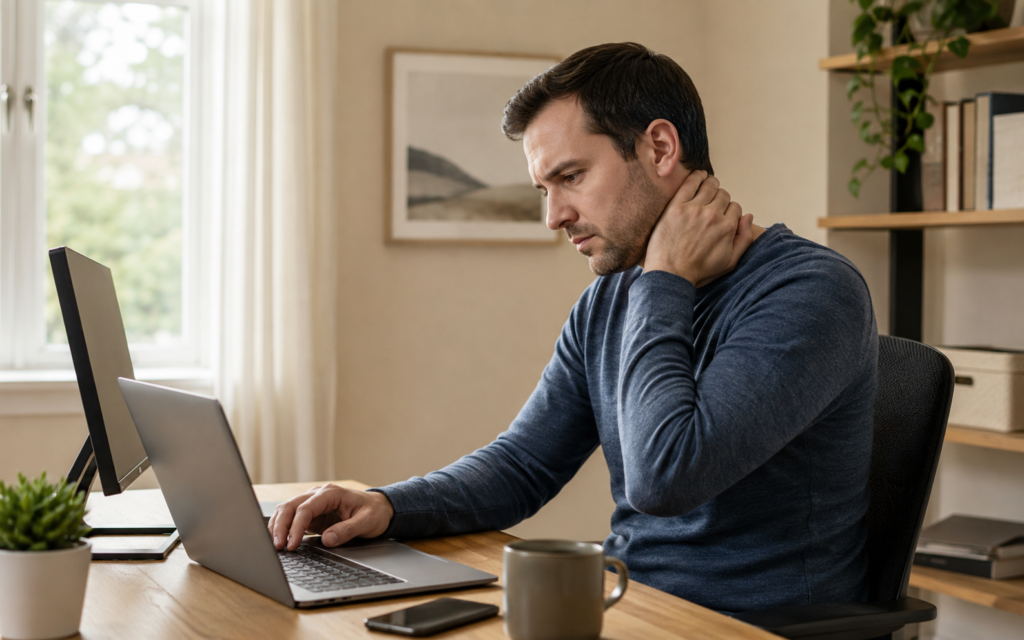 Office worker experiencing neck tension from poor desk posture
