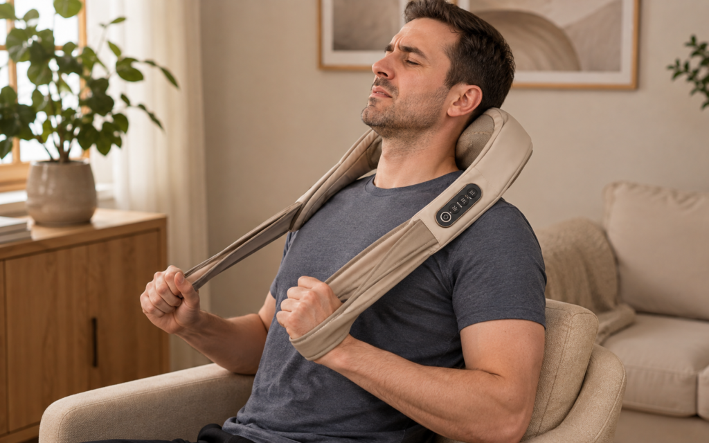 User pulling a neck massager too tightly and positioning it too high