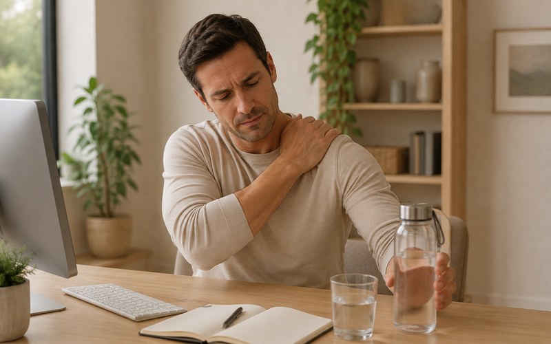 Dehydration contributing to muscle tightness in the neck and shoulders