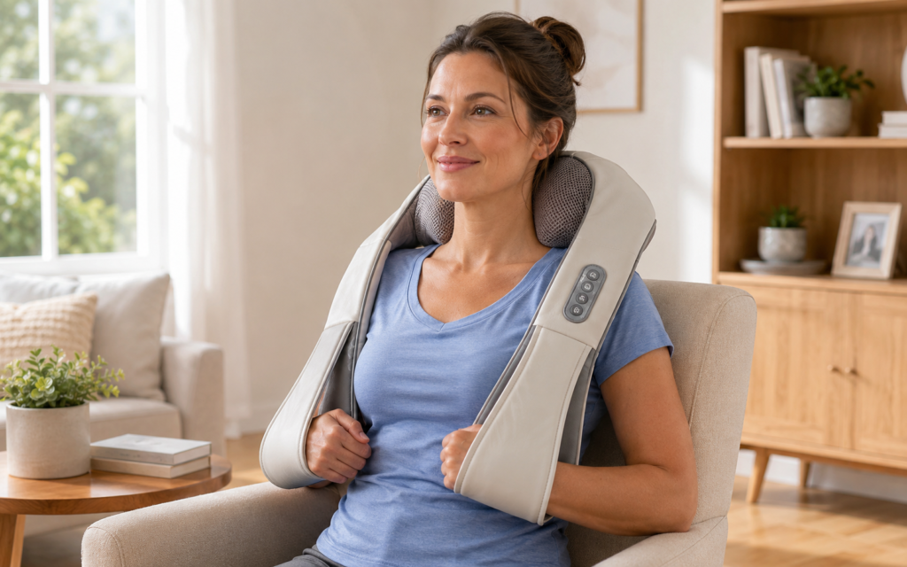 Woman positioning a neck massager correctly on her neck and shoulders