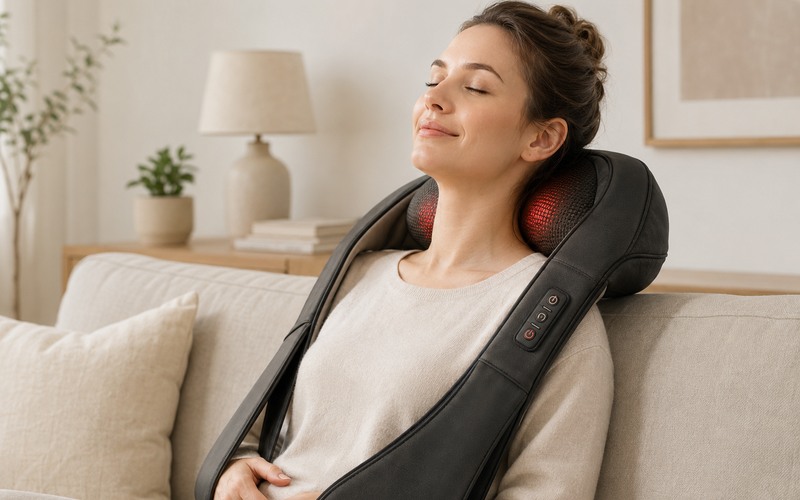 Adult using a heated neck and shoulder massager on the upper trapezius