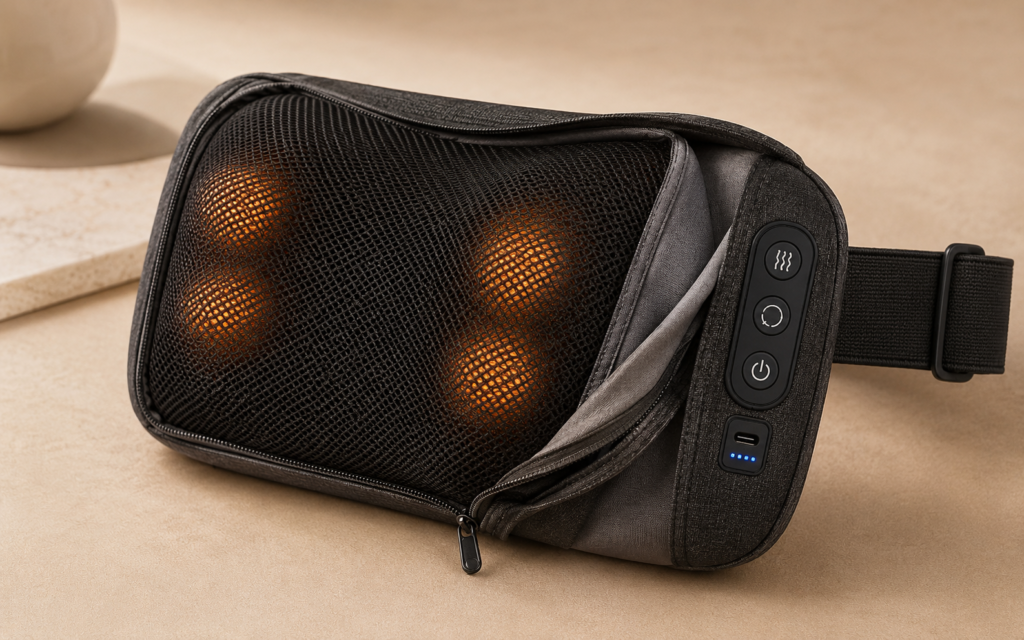 Cordless massage pillow with heat, kneading nodes and adjustable strap