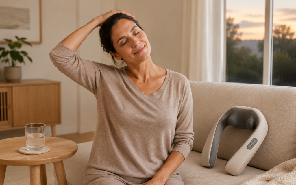 Woman stretching and staying hydrated after using a neck massager
