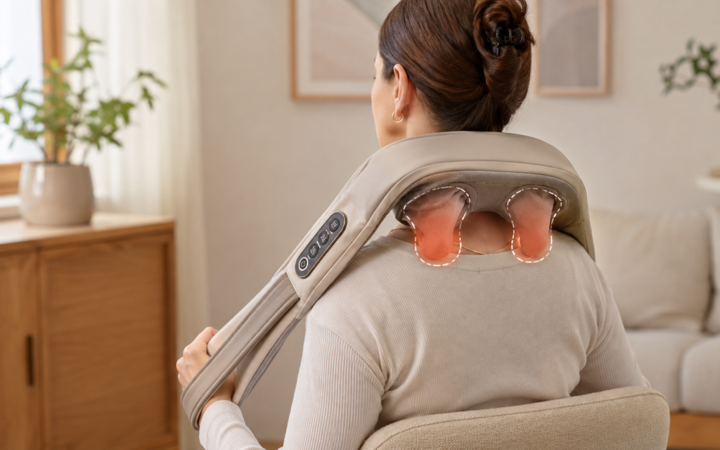 Neck massager positioned on the muscles beside the spine