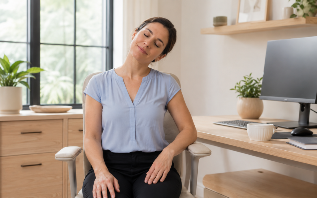 Desk worker performing a gentle neck stretch