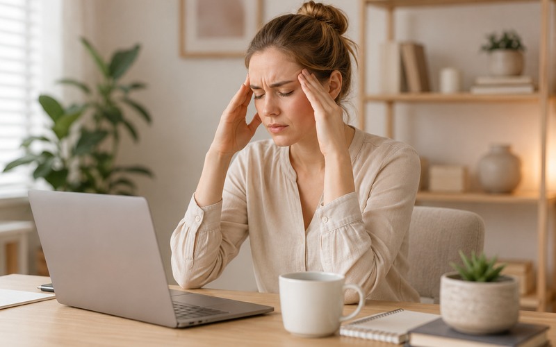 Adult at a desk experiencing a tension headache after prolonged computer work