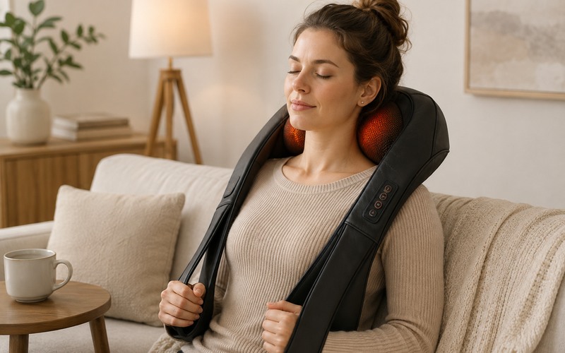 Adult relaxing with a shiatsu neck and shoulder massager at home